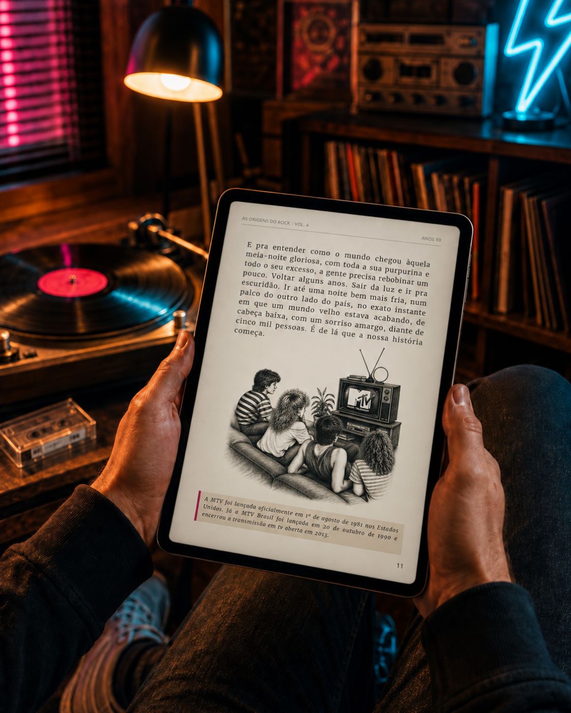 E-book aberto em uma página sobre a estreia da MTV nos anos 80